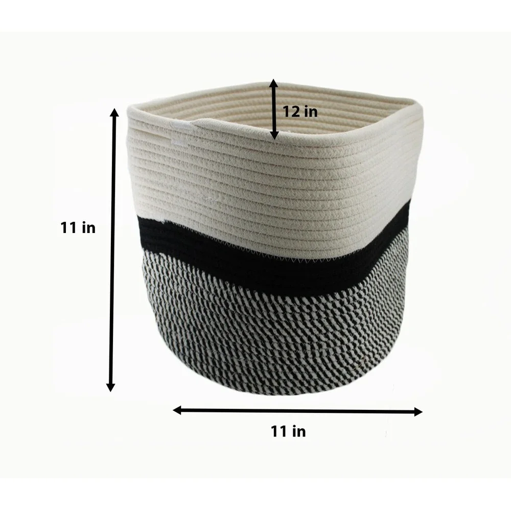 Woven Cotton Rope Storage Basket‎ Cream Black Color Block Square Bin 11x11x12